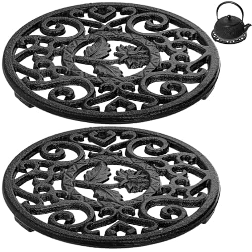 Image of Coloch 2 Pack Cast Iron Trivet with Pegs, 12cm/4.6" Round Metal Trivet with Vintage Patterns Rustproof Hot Pot Holder Pads for Serving Hot Dishes, Pans, Pots, Tea Pots, for Kitchen Counter Top, Black