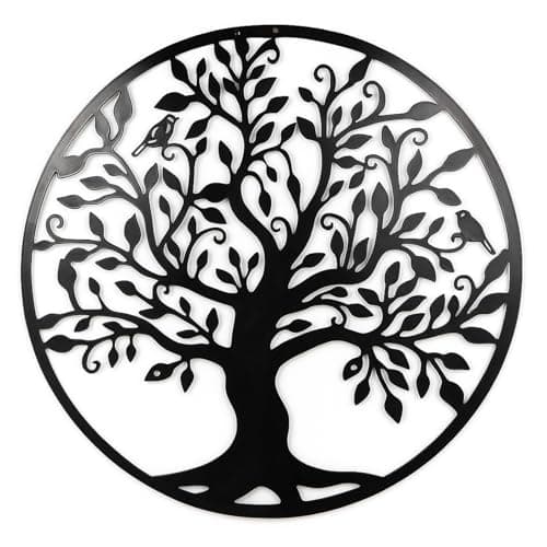 Image of GreenWhim 60cm Metal Tree of Life Wall Art Decor - Black Metal Wall Sculpture for Living Room, Hallway, Stairs, Garden