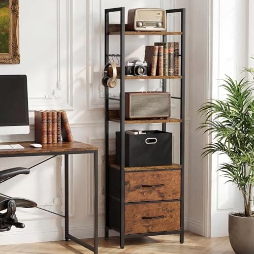 Image of YITAHOME Industrial Bookshelf, 4-Tier Bookcase with Adjustable Shelves & 2 Fabric Drawers, Freestanding Display Shelf with Metal Frame for Living Room, Bedroom, Office, Rustic Brown