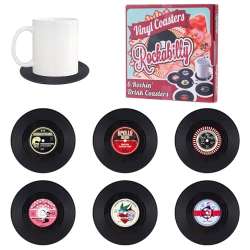 Image of Vintage Record Coasters, Stylish Coasters Set of 6, Practical Record Player Accessories, Black ABS Material, Ideal for All People & Scenes, Home Bar Decor & Gift