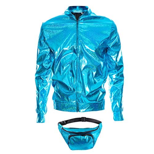 Image of SoWest Adults 70s Holographic Bomber Jacket with Bumbag – 80s 90s Foil Metallic Rave Zip-Up Front Jacket | Shiny Fancy Dress Festival Outfit for Disco, Hip Hop & Retro Party Themes, Blue - Large