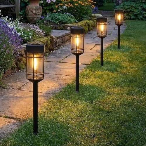 Image of Festive Lights Pack of 4 Solar Lantern Garden Stake Lights - 46cm Black Filament Effect Path Lights, Warm White LED, Outdoor Walkway & Border Lighting, IP44 Waterproof Landscape Lights