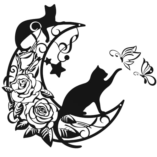 Image of QUMENEY Metal Black Cat and Moon Wall Art Butterfly Wall Hanging Ornament Home Bedroom Kitchen Garden Decor Office Indoor (35cm high)