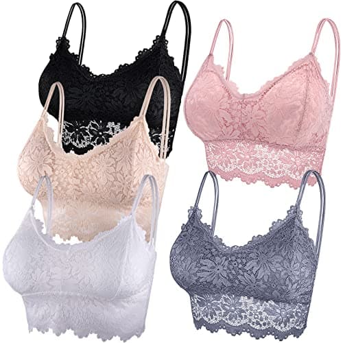 Image of Duufin 5 Pieces Padded Lace Bralette Bandeau Tube Bra with Straps and Removable Pads for Women Girls, Pink, Grey, Black, Beige, White, S-M
