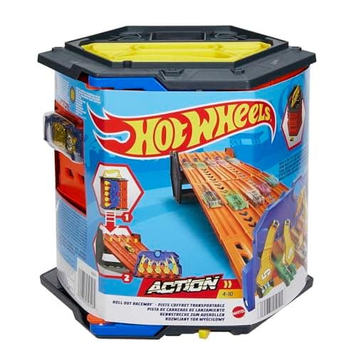Image of Hot Wheels Track Builder Action, Roll Out Raceway, Track Set with 5 Lane Racetrack and Toy Storage Bucket, Includes 1 Toy Car, Toys for Ages 4 to 10, One Pack, HGK41