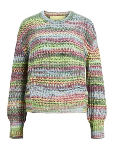 Image of Jack & Jones Women's Jxsimone Space Dye Crew Neck Knit Noos Pullover, Limeade/Stripes:/6 Multi Space Dye, S