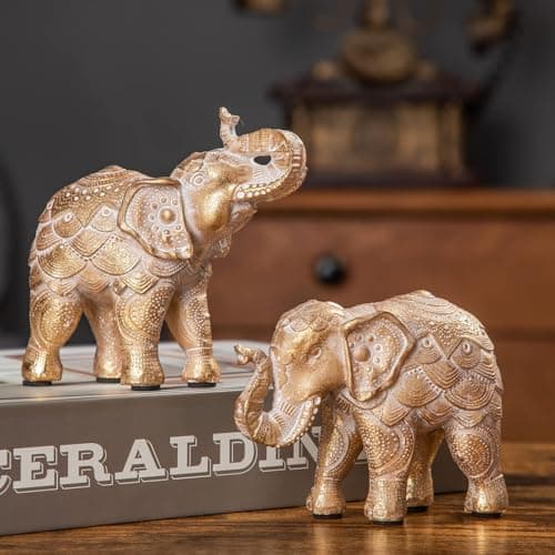 Image of Smadeer Set of 2 Gold Elephant Ornaments for Home Decor - Trunk Up Statues for Luck & Prosperity - Resin African Elephant Figurines for Shelf & Sideboard - Anti-Scratch Soft Pads - Gift for Her