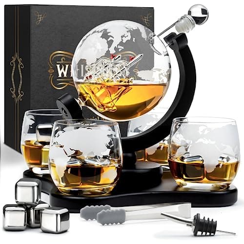 Image of WHISISKEY - Whiskey Decanter Set - 900ML Globe Carafe - Whiskey Gift Sets for Men - Whisky Set - Glass Gifts for Men - Inc. 4 Whiskey Glasses, 4 Whiskey Stones, Accessories