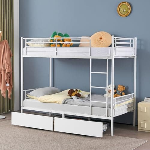 Image of Bonnlo Metal Bunk Bed, Single over Single Loft Bed Frame with Ladder and Safety Guardrail, Bedroom Dorm Apartment Furniture Space-Saving Twin Bunk Bed with Drawer for Kids Teens Adults (White)