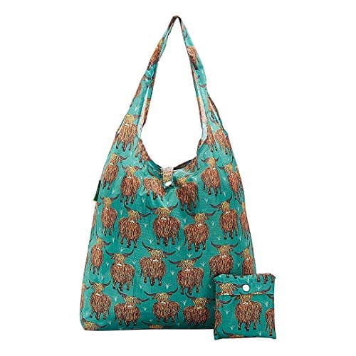 Image of ECO CHIC Lightweight Foldable Reusable Shopping Bag Water Resistant Tote Bag (Highland Cow Teal)