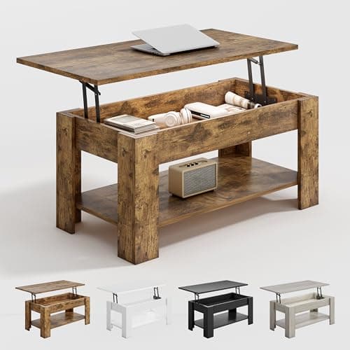 Image of mcc direct Lift-Top Coffee Table with Hidden Storage & Open Shelf – Versatile Wooden Tea Table for Living Room or Reception (Brown)