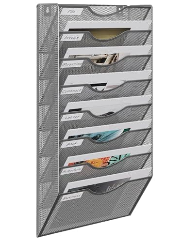 Image of EasyPAG Metal 8 Tier A4 Wall Mounted Document Holder,Hanging Wall File Organiser,Pigeon Holes Storage,Wall Pocket,Filing Tray,Magazine Rack for Office & Home,Silver