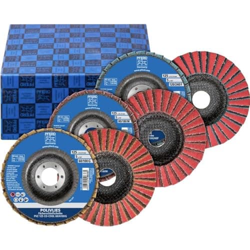 Image of PFERD 44698006 Polifleece Fan Washers Set PVZ, 3 Pieces, Ceramic Diameter 125 mm, Bore Diameter 22.23 mm, CO 60/G, 80/M, 120/F, for Fine Sanding and Grinding, Corundum A / C0-Cool