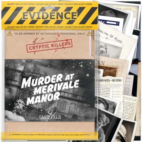 Image of Unsolved murder mystery game - Cold Case Files Investigation - CRYPTIC KILLERS - Detective Evidence & Crime File - individuals, date nights & party games- "Murder at Merivale Manor"