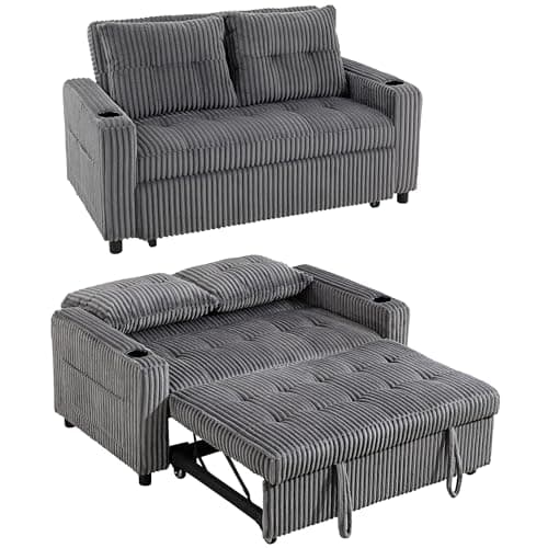 Image of HOMCOM 2 Seater Sofa Bed, Corduroy Click Clack Sleeper Sofa with Pull Out Design, 2 Pillows, Cup Holders, Side Pockets, Convertible Loveseat Bed Settee for Living Room, 157x190cm, Charcoal Grey