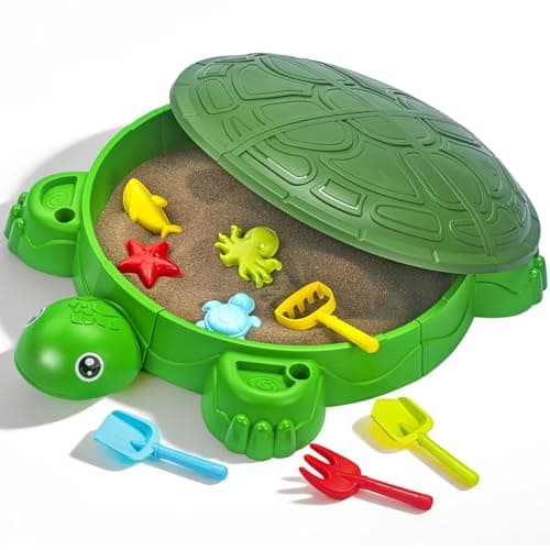 Image of Turtle Sandbox with Lid & Beach Toys Set, 38" Kids Sandbox for Toddlers 3-8, Indoor Outdoor Sensory Play Sand Box with Cover, Summer Gift for Ages 3-8
