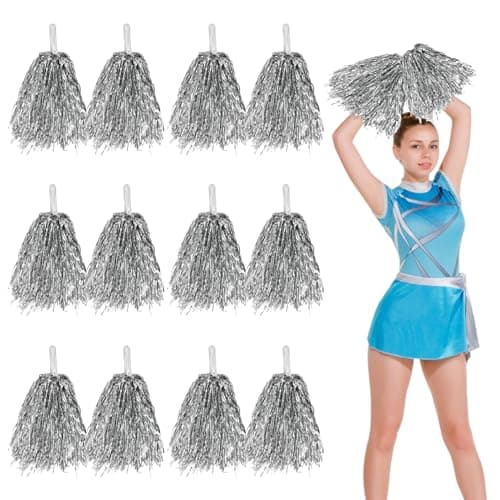 Image of 12pcs Cheerleading Pom Poms with Handle Cheerleader Pompoms Metallic Foil Pom Poms Cheerleader Outfit Accessories for Sports Team Spirit Cheering Party Dance Night Party (Silver)
