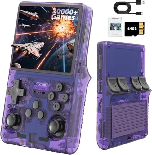 Image of R36S Retro Handheld Games Console, 20,000+ Classic Games Portable Pocket Video Player with 3.5 Inch HD Screen, 64G TF Card, Open Source Linux System Screen (Transparent Purple)