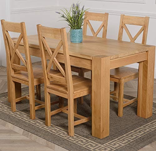 Image of Oak Furniture King Solid Oak Dining Table & Chairs Set 4 Seater Kitchen Dining Set – Kuba 150 x 85 cm Wooden Table with Berkeley Oak Chairs, Natural Finish