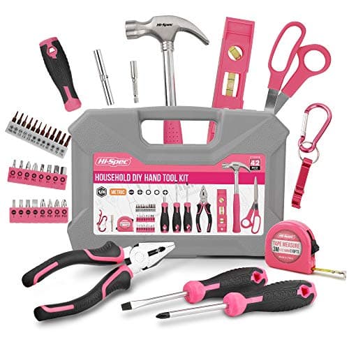 Image of Hi-Spec Pink Tool Kit for Women, 38-Piece. Essential Hand Tool Box with Screwdriver Set, Hammer, Pliers, and More for Home and Office DIY Repair and Maintenance, stored in a Handy Carry case.