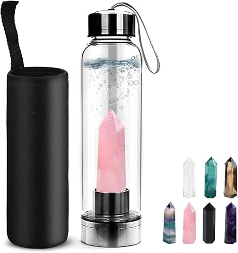 Image of HINATAA Crystal Water Bottle, Removable Natural Gemstone Glass, Portable Leak-Proof Quartz, BPA Free Durable 550ml (Pink Crystal)