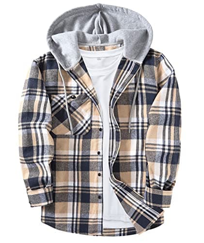 Image of JACKETOWN Men's Plaid Shirts Casual Sweatshirt Men's Hoodie Long Sleeve Shirt with Pocket Button Down Men's Checked Shirt Jacket Flannel Shirt Regular Fit 4 Seasons Lumberjack Shirts Blue Beige