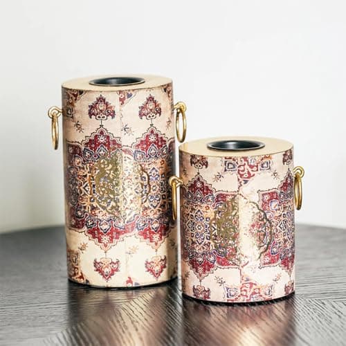 Image of Handcrafted Persian-Inspired Tealight Candle Holders in Ivory with Rustic Gold Foil Finish (Set of 2) – Vintage Decorative Candle Holders Ethically Made in India for Elegant Home and Gift Décor