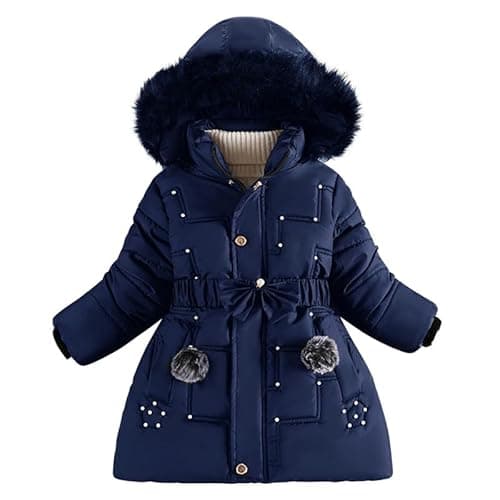 Image of Runstarshow Girls' Winter Parka Jacket, Padded Coat, Hooded, Faux Fur Collar, Fleece Lined, Kids Warm School Coats, Detachable Hood, Belt Pockets, Outerwear for Girls Aged 3-12 Years