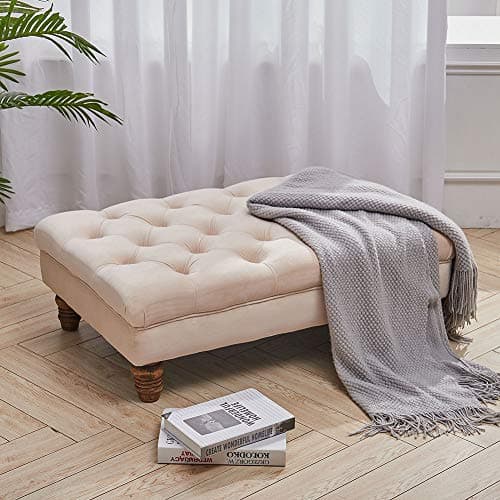 Image of Warmiehomy Rectangle Chesterfield Footstool With Walnut Color Gourd Legs,Velvet Footstool and Pouffes Upholstered Deep Button Design For LivingRoom and Bedroom Beige