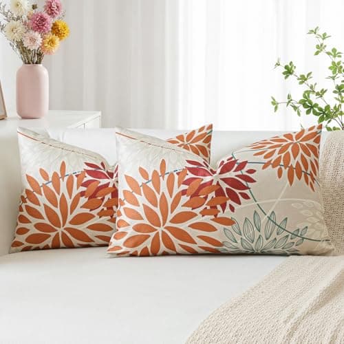 Image of Artscope 2 Pieces Dahlia Floral Orange Red Geometric Cushion Covers 40 x 60 cm, Spring Cushion Bohemian Flowers Decorative Linen for Home Decoration Living Room Bedroom Sofa