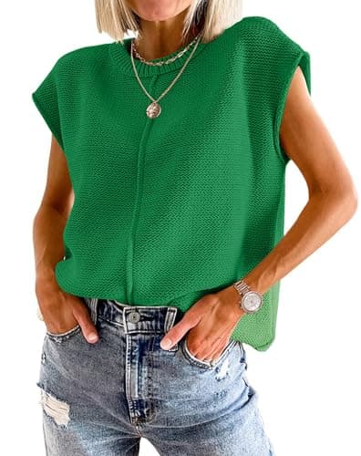 Image of Jhsnjnr Women's Fashion Oversized Knitted Vest Crew Neck Going Out Tank Tops Summer Solid Sleeveless Knitwear Tops Green