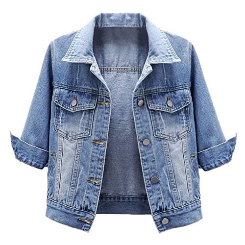 Image of HYMCX Women's Short Sleeve Cropped Denim Jacket 3/4 Sleeve Ripped Distressed Jean Jackets Coat (Color : Light blue, Size : XL)