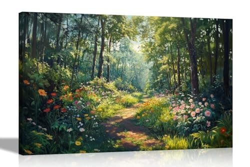 Image of Artley Prints - Wilderness Walk Green Forest Summer Flowers Canvas Wall Art Prints Framed Pictures Home Living Room Bedroom 76 x 50cm (30 x 20 inches)