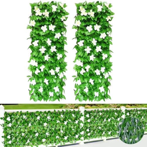 Image of 2Pcs Artificial Ivy Fence Screening, (40x20cm to 28x200cm) Expandable Garden Trellis Panel, Artificial Hedge Screening with White Orchid, Privacy Fence Screen for Garden Balcony Outdoor Decor