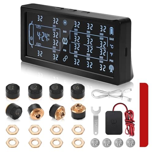 Image of Avutrel TPMS 0-13Bar/0-188Psi Tyre Pressure Monitoring System 4/6/8-Wheel Adjustable Design, Solar and USB Charging with 8 External Sensors, LCD Display and Alarm, Fits Car Truck Trailer Caravan
