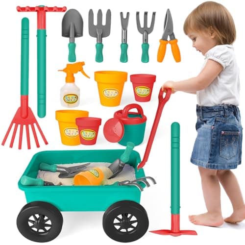 Image of deAO Childrens Gardening Sets, Toddler Gardening Tools 3~12, Kids Wheelbarrow and Gardening Set, Children's Pull Along Wagon Set,Kids Outdoor Toys (GREEN)