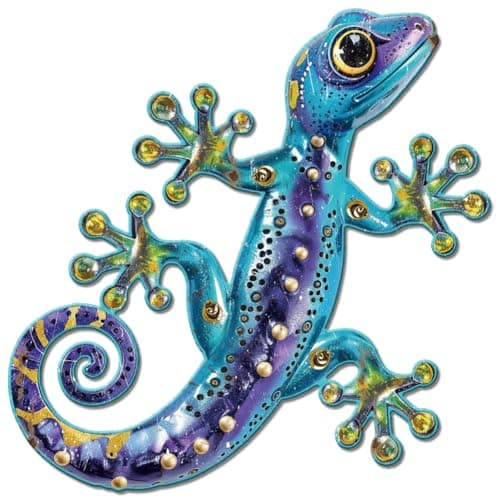 Image of GLOBLELAND Metal Gecko Wall Art 27x27cm/10.6x10.6inch Outdoor Gecko Wall Decor Colorful Gecko Hanging Wall Sculpture for Home Indoor Bedroom Garden Decoration