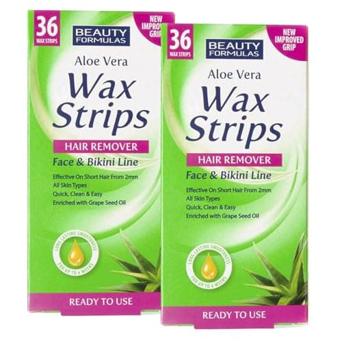 Image of Beauty Formulas Face Wax Strips (2-Pack) – Facial Hair Removal & Bikini Wax | Ready-to-Use Face & Bikini Hair Removal | Cold Wax with Aloe Vera & Grape Seed Oil | 72 Strips for Smooth Skin