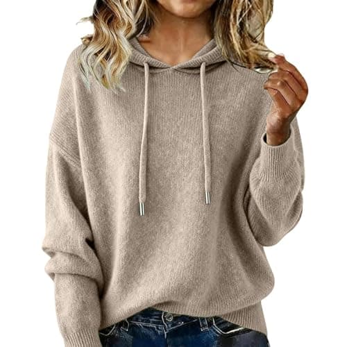 Image of Fleece Hoodies Women UK, Ladies Jumpers Hooded Neck Knitted Long Sleeve Tops Plain Casual Thermal Ribbed Sweaters Wool Sweatshirt Fall Airport Outfits Pullover Sweaters Trendy Jumpers Beige