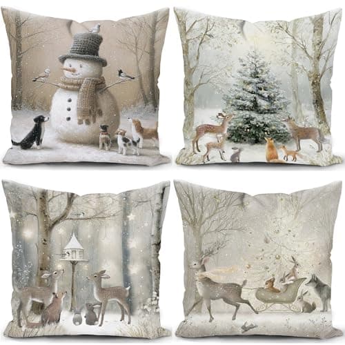 Image of KUNQIAN Christmas Cushion Covers Xmas Decorations Throw Pillow Cover Winter Animal Snowman Grey Set of 4 Christmas Decor For Sofa Living Room Home 18x18 Inch 45x45cm