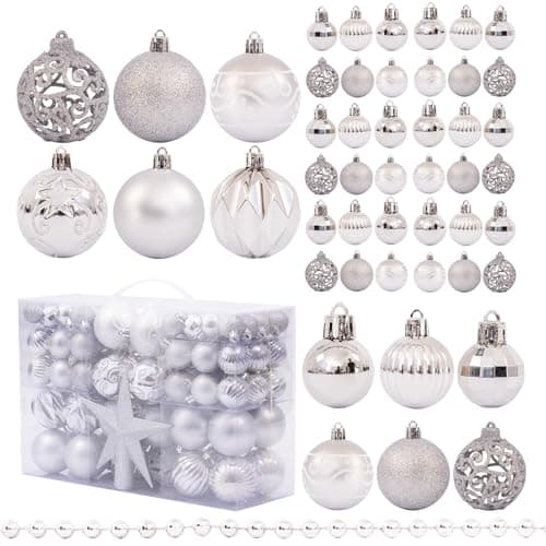 Image of Christmas Tree Decoration Set 100 Pieces - Baubles, Star Topper & Bead Garland - Glitter, Matte & Metallic Ornaments (Silver)