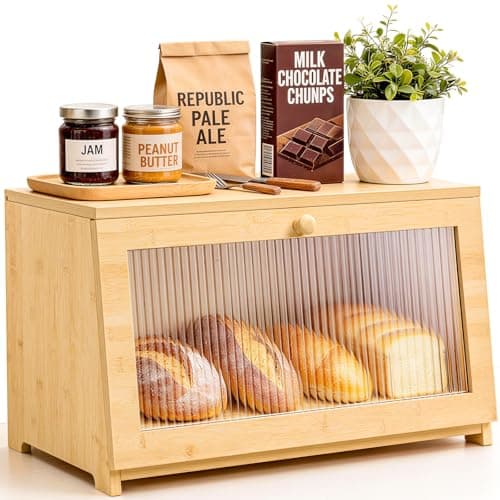 Image of Mavivegue Bread Bin, Wooden Bread Bin for Kitchen Counter, Keep Bread Fresh, Large Capacity Breadbin Storage Container, Farmhouse Style Bread Box with Window Bread Holder, Bamboo, 15″ × 8.3″ × 9″