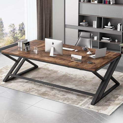Image of HSH Rustic Computer Desk, Extra Large Industrial Home Office Desk, Long Modern Work Executive Pc Desk Study Writing table, Dual monitor Metal Wood Double Workstation for Two Person, Rustic Brown 180CM