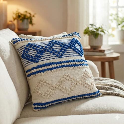 Image of TreeWool Blue Boho Diamond Accent Cushion Cover 45x45cm [1 Piece] – Handmade Woven Textured Cotton Throw Pillow Case; Decorative Geometric Pillow for Summer Home Decor & Living Room