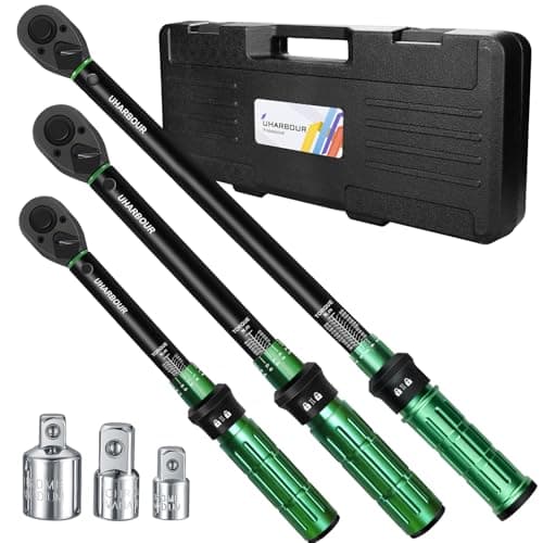 Image of Uharbour Torque Wrench Set – 1/4" (3-25 Nm), 3/8" (5-60 Nm), 1/2" (20-230 Nm) for Car, Motorcycle & Bicycle, with 3 Adapters, Dual-Directional Adjustable 72-Tooth Ratchet, ±3% Accuracy