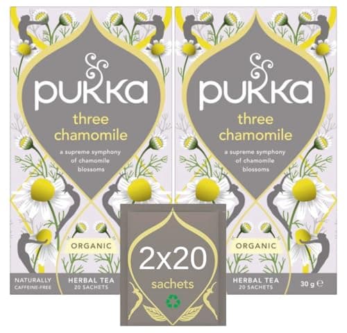 Image of Pukka Herbs | Three Chamomile Organic Herbal Tea Box | Infusion With African, Egyptian & European Chamomile | Perfect For Calming | Caffeine Free | 2 Packs | 40 Plant Based Biodegradable Tea Bags