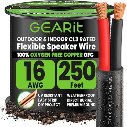 Image of GearIT Outdoor Speaker Wire OFC 2x1.5mm≤ (76.2 Meters - Black) Oxygen-Free Copper - Hi-Fi Audio Cable for Direct Burial in Ground/In-Wall / CL3 CL2 Rated / 2-Conductors - 16 Gauge AWG, 250 Feet