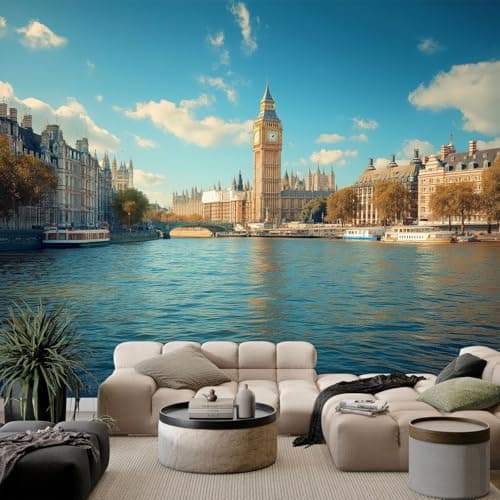 Image of Non-Woven Premium Modern City London Photo Wallpaper, 3D Panoramic BlueWallpaper Mural 118 x 83 inch (W x H) - Living Room Background Decoration Wall Mural