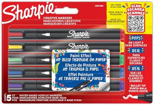 Image of Sharpie Creative Marker Acrylic Paint Pens | Water-Based Paint Markers | No-Bleed Ink Writes on Most Surfaces | Bullet Tip | Crafting & Art Supplies | Assorted Colours | 5 Count