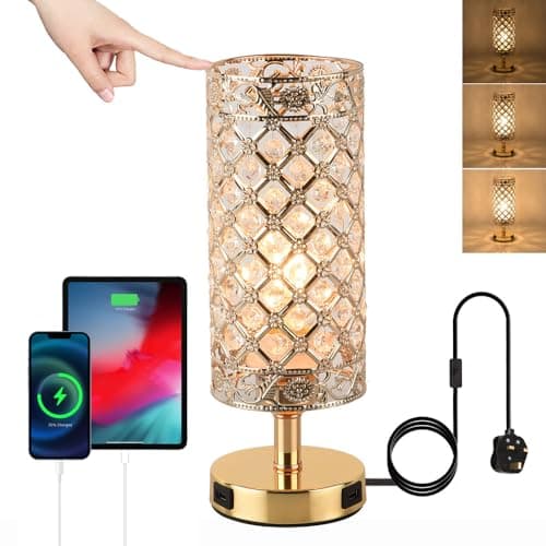 Image of JHYPVII Touch Crystal Table Lamp for Bedroom, 3 Way Dimmable Gold Bedside Lamps with 2 USB Charging Port, Modern E27 Decorative Table Lights for Living Room Guest Room Study Room